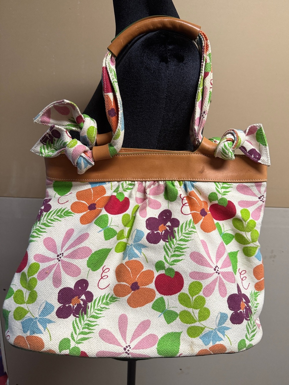 Longchamp Floral Canvas Shoulder Tote in Multi-Color with Tan Leather Trim - Picture 2 of 6